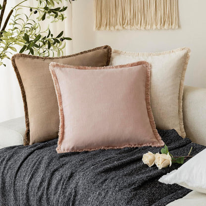 Decorative Linen Fringe Throw Pillow Covers 20×20 Light Pink