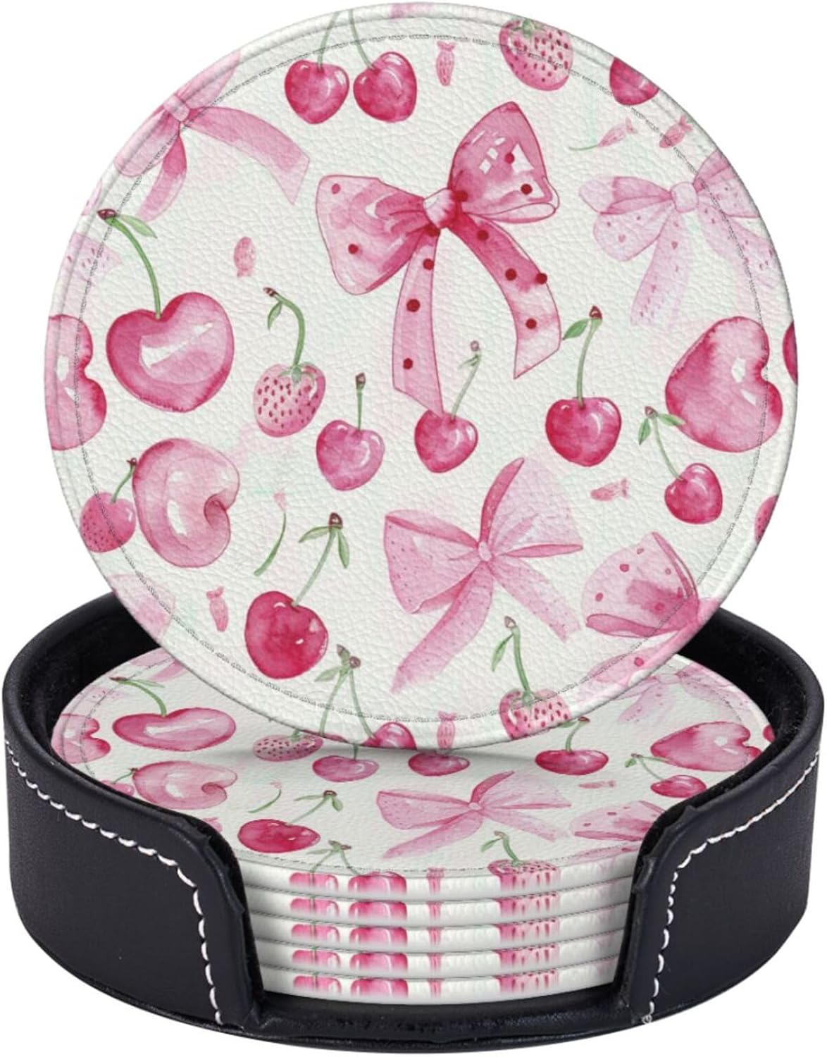 6 Pcs Pink Bows Cherries Leather Coasters for Drinks with Holder Round Mug Mat Table Desk Coasters Set Cup Coasters for Living Room Kitchen Coffee Decor