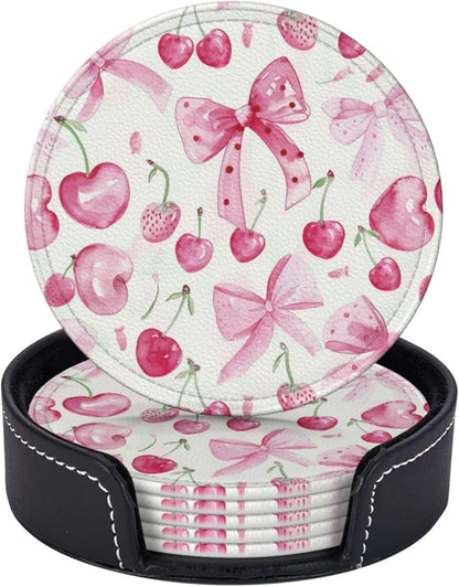 6 Pcs Pink Bows Cherries Leather Coasters for Drinks with Holder Round Mug Mat Table Desk Coasters Set Cup Coasters for Living Room Kitchen Coffee Decor