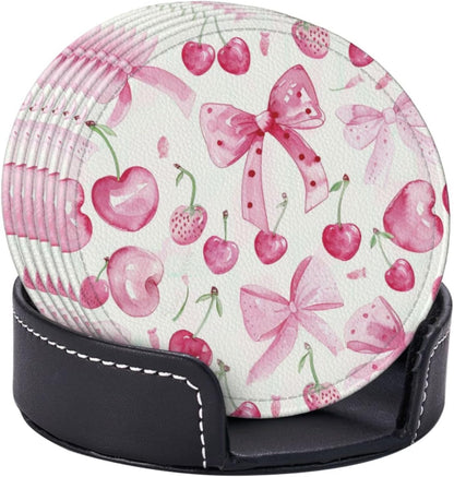 6 Pcs Pink Bows Cherries Leather Coasters for Drinks with Holder Round Mug Mat Table Desk Coasters Set Cup Coasters for Living Room Kitchen Coffee Decor