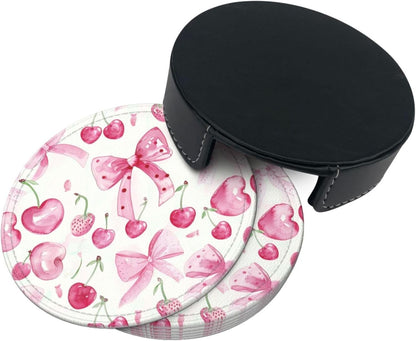 6 Pcs Pink Bows Cherries Leather Coasters for Drinks with Holder Round Mug Mat Table Desk Coasters Set Cup Coasters for Living Room Kitchen Coffee Decor