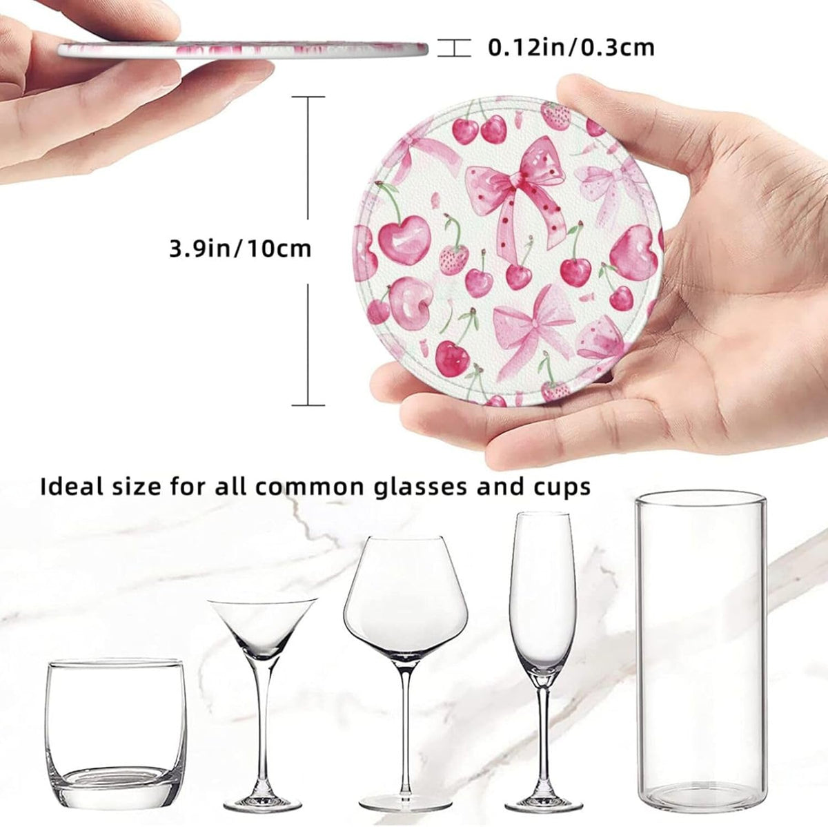 6 Pcs Pink Bows Cherries Leather Coasters for Drinks with Holder Round Mug Mat Table Desk Coasters Set Cup Coasters for Living Room Kitchen Coffee Decor