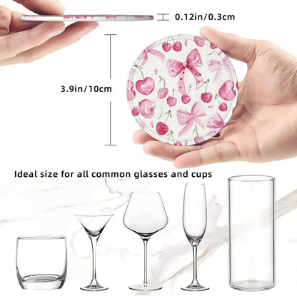 6 Pcs Pink Bows Cherries Leather Coasters for Drinks with Holder Round Mug Mat Table Desk Coasters Set Cup Coasters for Living Room Kitchen Coffee Decor