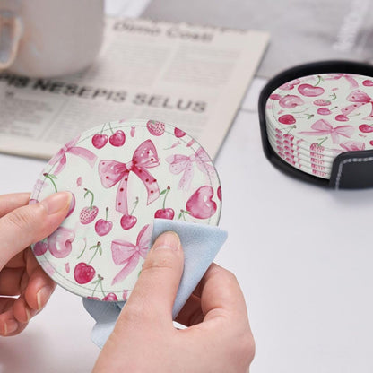 6 Pcs Pink Bows Cherries Leather Coasters for Drinks with Holder Round Mug Mat Table Desk Coasters Set Cup Coasters for Living Room Kitchen Coffee Decor