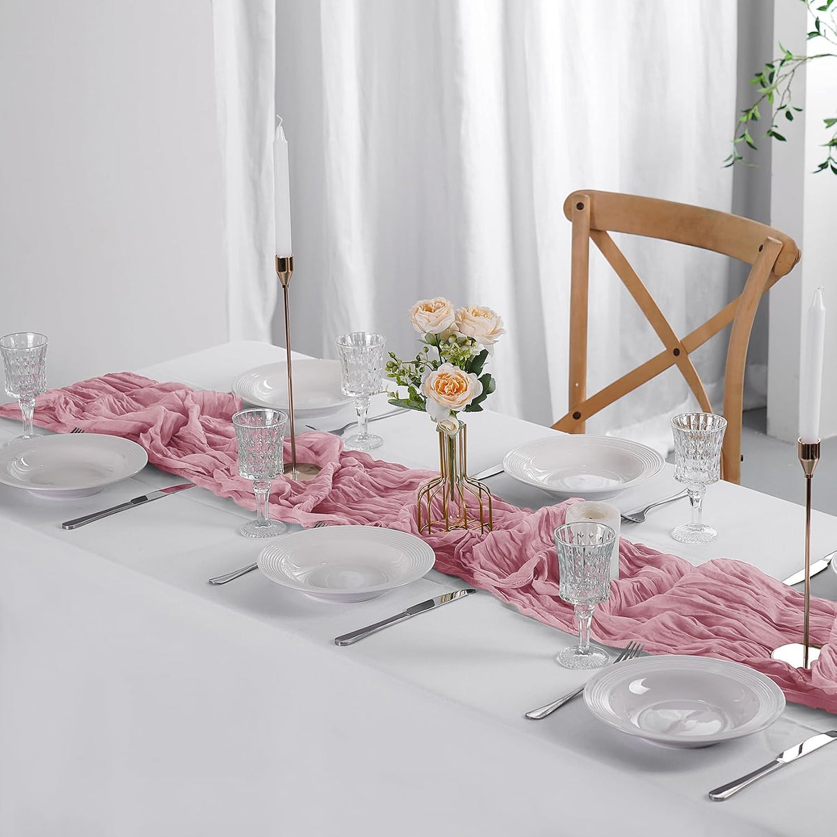 6 Pack Cheesecloth Table Runner 9ft,17 x 108 inch Gauze Table Runner Rustic Romantic Wedding Runner for Wedding Bridal Shower Fall Decoration,Pink