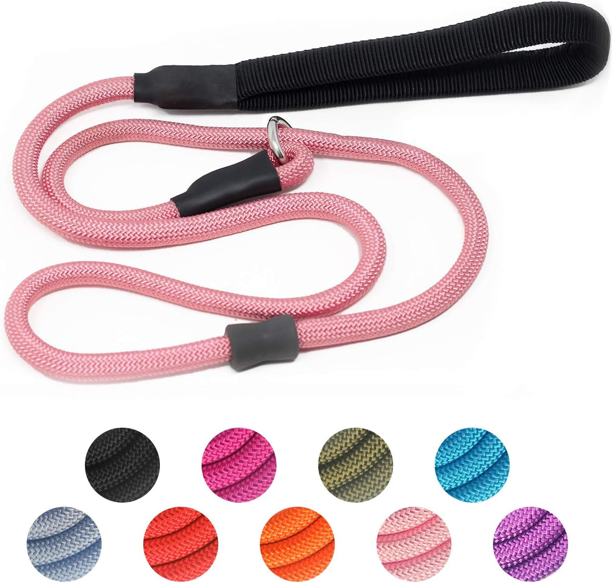 Strong Slip Rope Dog Training Leash (4ft) - Heavy Duty Durable Braided Nylon Lead with Rubber Stopper & Padded Handle - No Pull Walking for Medium Large Dogs (Pink, 1/2" x 4ft)