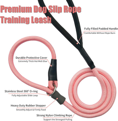 Strong Slip Rope Dog Training Leash (4ft) - Heavy Duty Durable Braided Nylon Lead with Rubber Stopper & Padded Handle - No Pull Walking for Medium Large Dogs (Pink, 1/2" x 4ft)