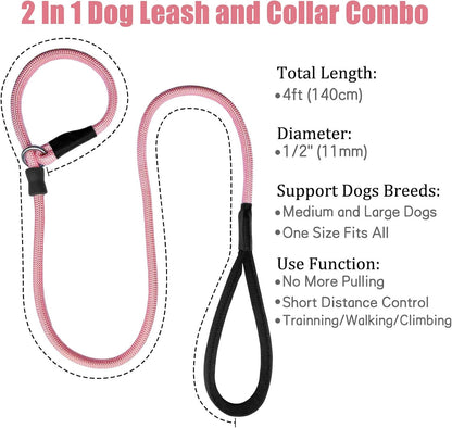 Strong Slip Rope Dog Training Leash (4ft) - Heavy Duty Durable Braided Nylon Lead with Rubber Stopper & Padded Handle - No Pull Walking for Medium Large Dogs (Pink, 1/2" x 4ft)