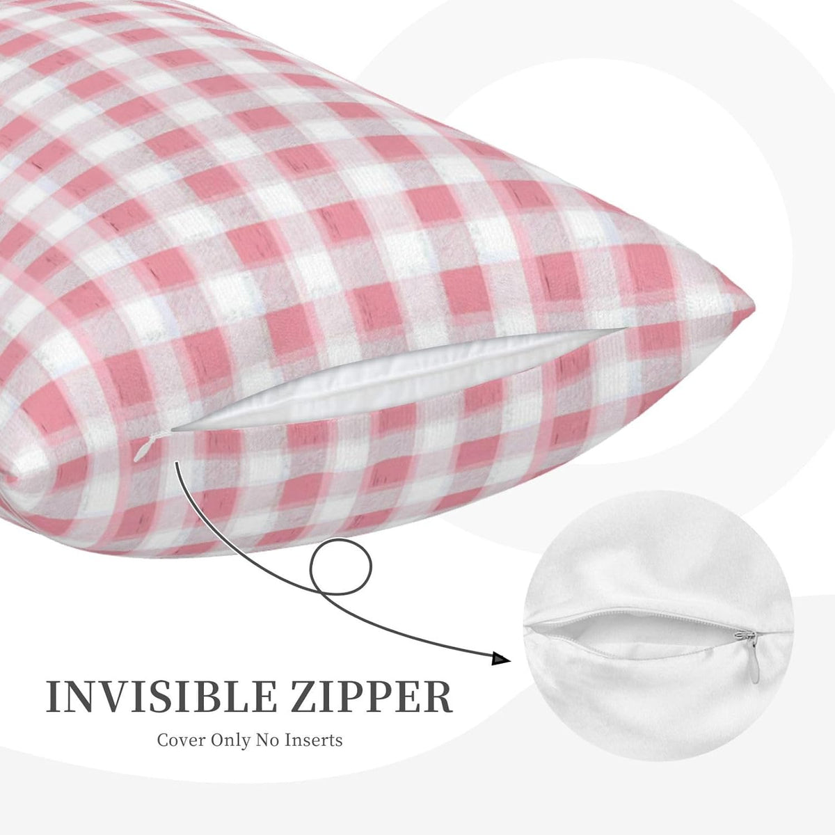Pastel Pink Gingham (1) Print Plush Pillow Cover with Zipper, Decorative Cushion Cover for Bedroom Living Room (Insert Not Included)