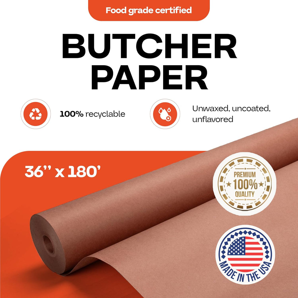 Peach Butcher Paper 36" x 2160" (180 feet) - USA-Made Natural Paper Roll
