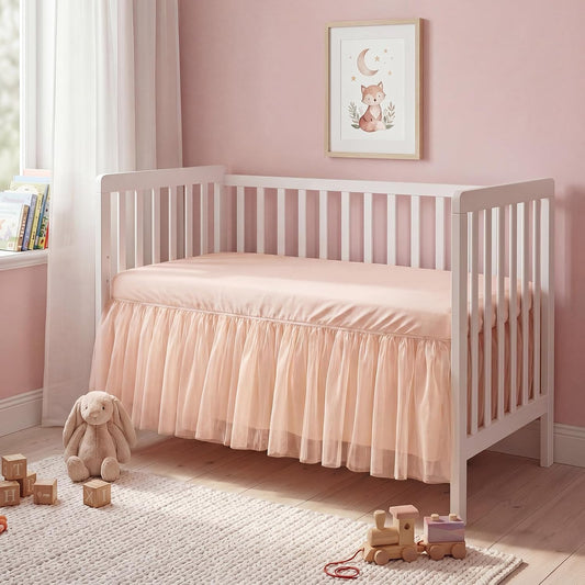 28" x 52" Pink Lace Crib Bed Skirt Elastic Band, 14" Drop for Girls