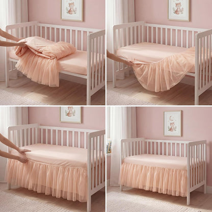 28" x 52" Pink Lace Crib Bed Skirt Elastic Band, 14" Drop for Girls