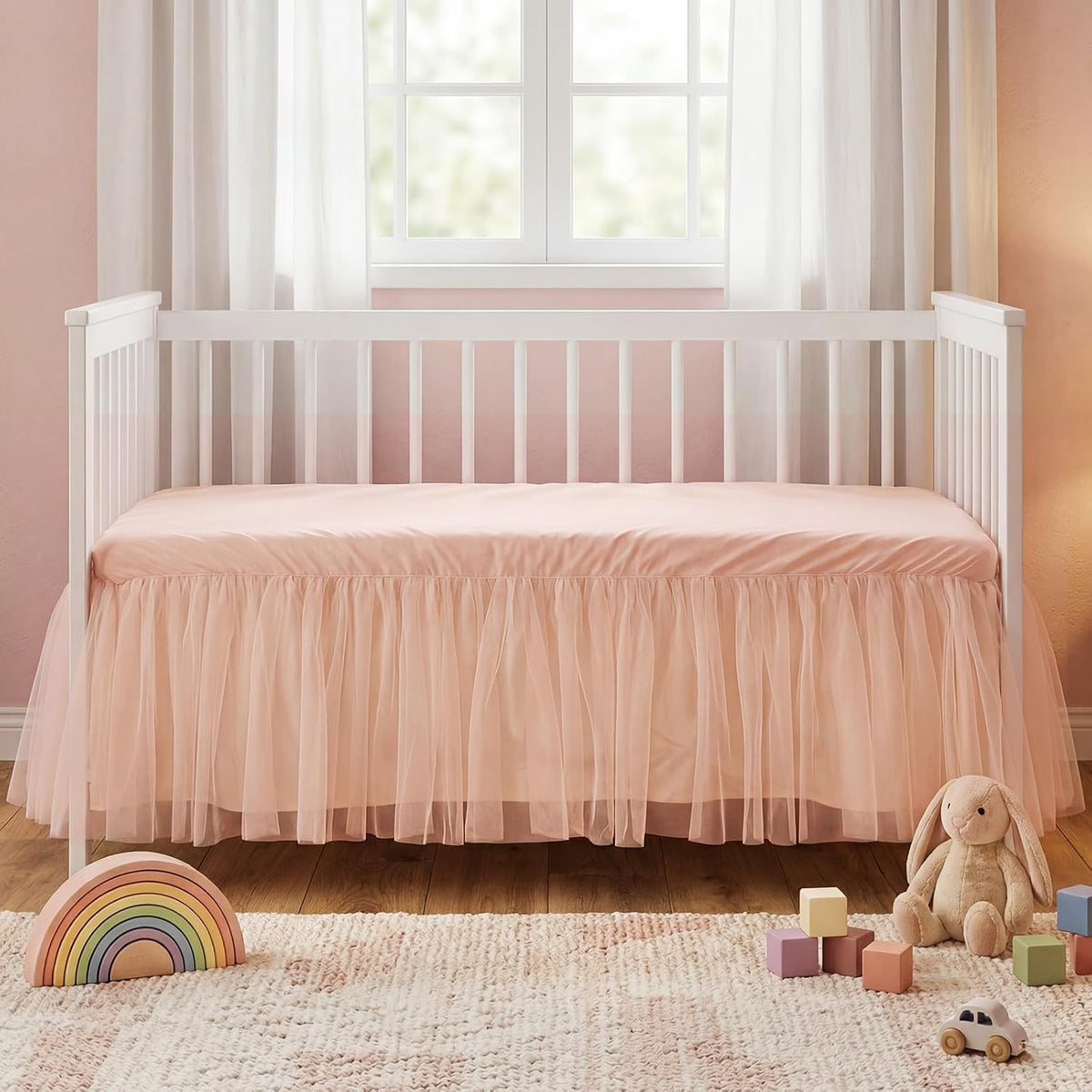 28" x 52" Pink Lace Crib Bed Skirt Elastic Band, 14" Drop for Girls
