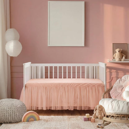 28" x 52" Pink Lace Crib Bed Skirt Elastic Band, 14" Drop for Girls