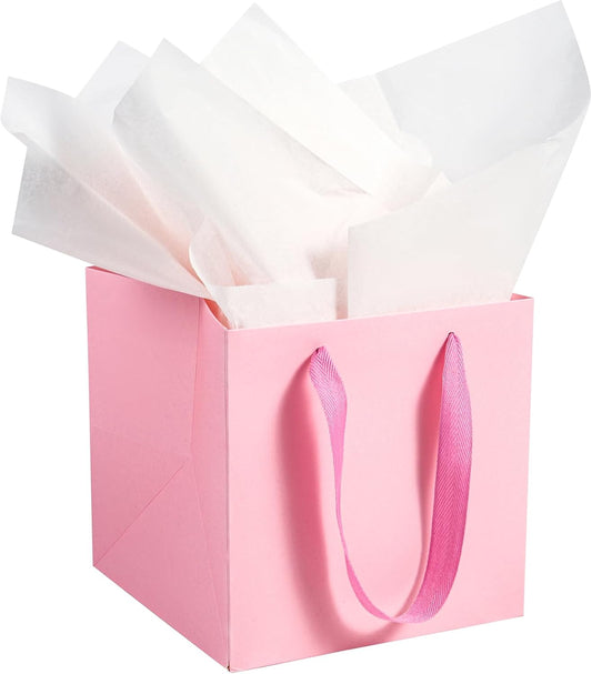 Pink Square Gift Bags with Tissue - 6 Inch Pink Square Paper Bags with Handles for Party Favors (10 PCS, 6x6x6 in)