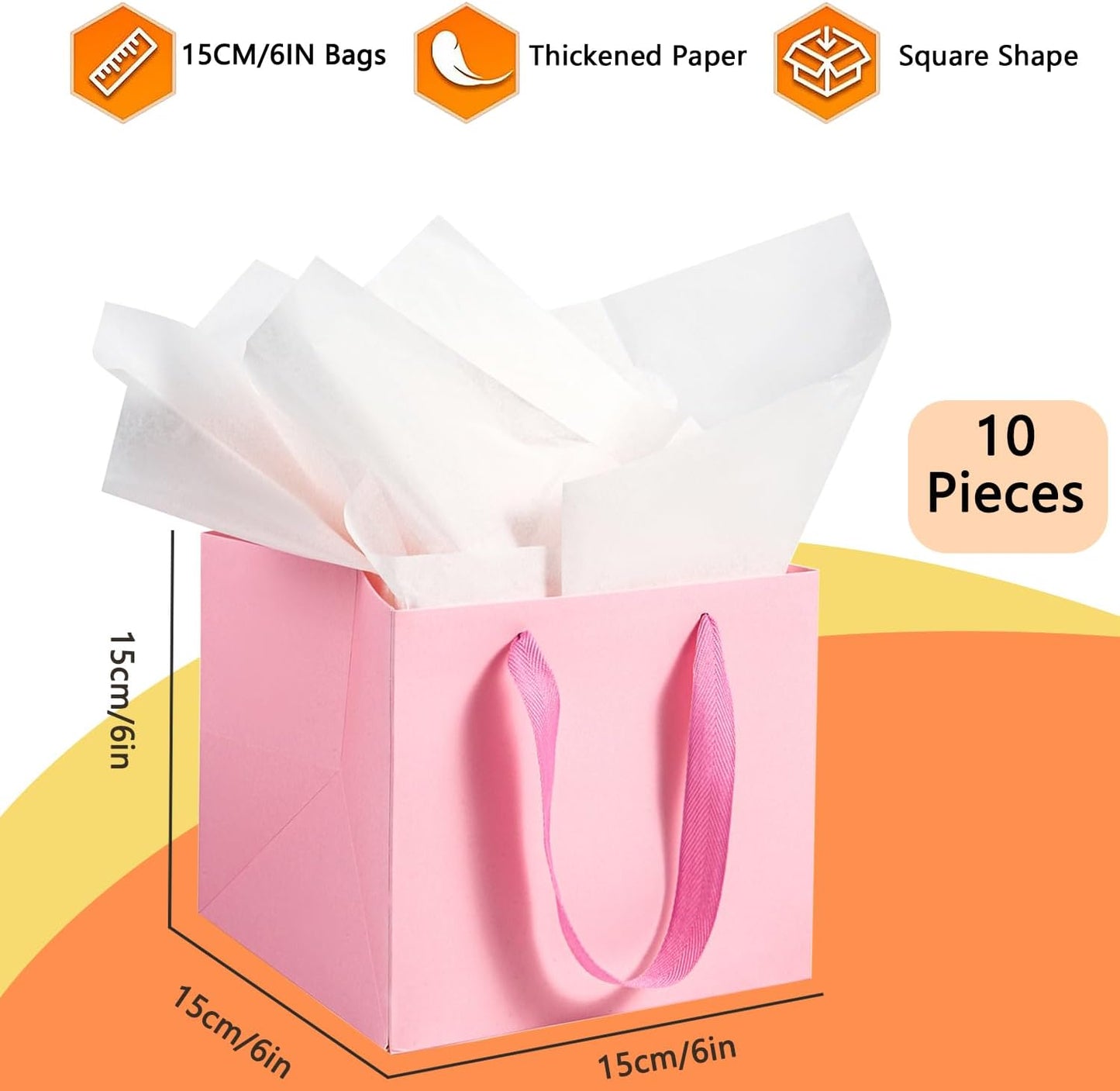 Pink Square Gift Bags with Tissue - 6 Inch Pink Square Paper Bags with Handles for Party Favors (10 PCS, 6x6x6 in)