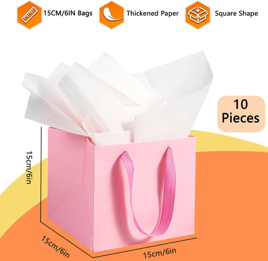 Pink Square Gift Bags with Tissue - 6 Inch Pink Square Paper Bags with Handles for Party Favors (10 PCS, 6x6x6 in)