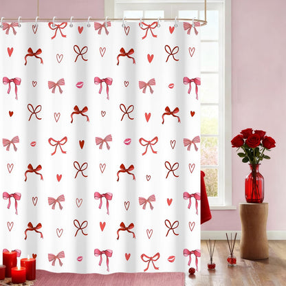 Pink Bow Shower Curtain Valentines Day Cute Bow Love Hearts Girly Bathroom Curtain for Women Princess Style Romantic Bathtub Decor, Waterproof with Hooks, 72x72 Inch