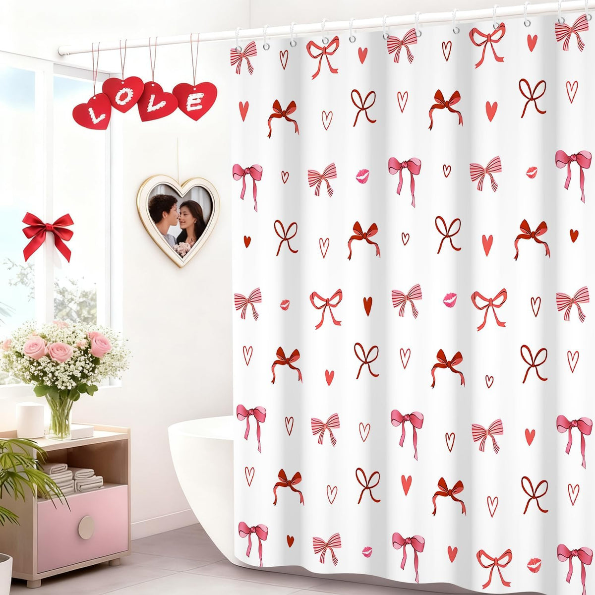 Pink Bow Shower Curtain Valentines Day Cute Bow Love Hearts Girly Bathroom Curtain for Women Princess Style Romantic Bathtub Decor, Waterproof with Hooks, 72x72 Inch