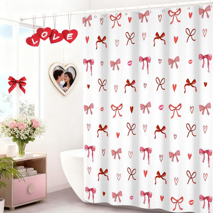 Pink Bow Shower Curtain Valentines Day Cute Bow Love Hearts Girly Bathroom Curtain for Women Princess Style Romantic Bathtub Decor, Waterproof with Hooks, 72x72 Inch