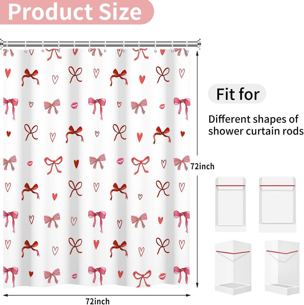 Pink Bow Shower Curtain Valentines Day Cute Bow Love Hearts Girly Bathroom Curtain for Women Princess Style Romantic Bathtub Decor, Waterproof with Hooks, 72x72 Inch
