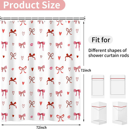 Pink Bow Shower Curtain Valentines Day Cute Bow Love Hearts Girly Bathroom Curtain for Women Princess Style Romantic Bathtub Decor, Waterproof with Hooks, 72x72 Inch