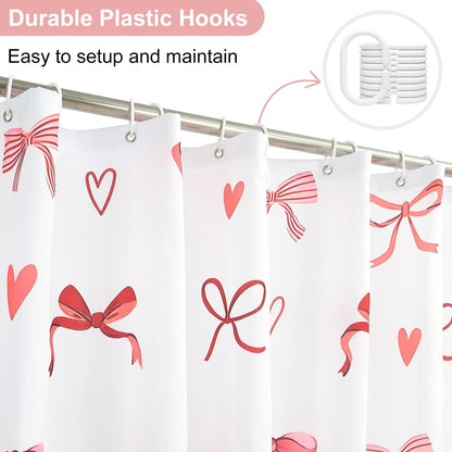 Pink Bow Shower Curtain Valentines Day Cute Bow Love Hearts Girly Bathroom Curtain for Women Princess Style Romantic Bathtub Decor, Waterproof with Hooks, 72x72 Inch