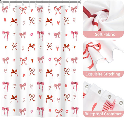 Pink Bow Shower Curtain Valentines Day Cute Bow Love Hearts Girly Bathroom Curtain for Women Princess Style Romantic Bathtub Decor, Waterproof with Hooks, 72x72 Inch