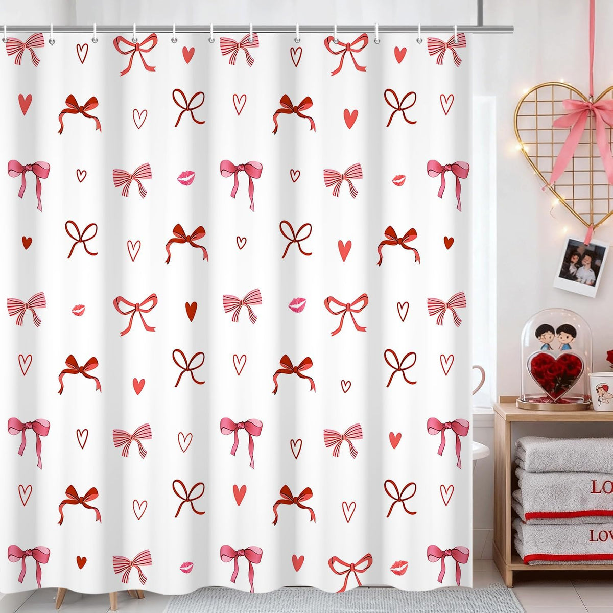 Pink Bow Shower Curtain Valentines Day Cute Bow Love Hearts Girly Bathroom Curtain for Women Princess Style Romantic Bathtub Decor, Waterproof with Hooks, 72x72 Inch
