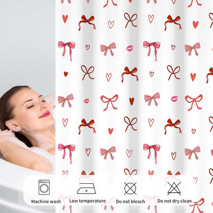 Pink Bow Shower Curtain Valentines Day Cute Bow Love Hearts Girly Bathroom Curtain for Women Princess Style Romantic Bathtub Decor, Waterproof with Hooks, 72x72 Inch