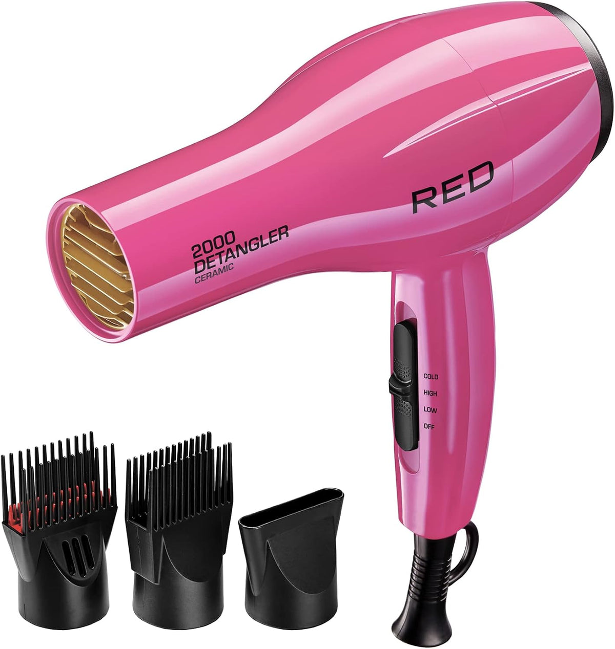 2000 Ceramic Hair Dryer, Professional Salon Blow Dryer, 2 Detangler Pik Attachments, Tourmaline Technology, 3 Heat Settings, Easy Storage Loop (Pink)