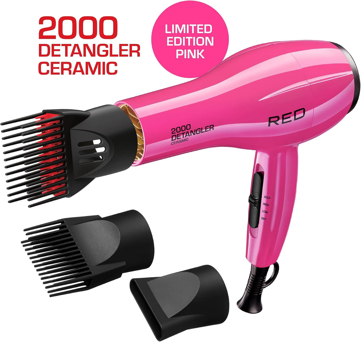 2000 Ceramic Hair Dryer, Professional Salon Blow Dryer, 2 Detangler Pik Attachments, Tourmaline Technology, 3 Heat Settings, Easy Storage Loop (Pink)