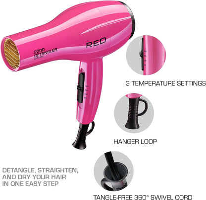 2000 Ceramic Hair Dryer, Professional Salon Blow Dryer, 2 Detangler Pik Attachments, Tourmaline Technology, 3 Heat Settings, Easy Storage Loop (Pink)