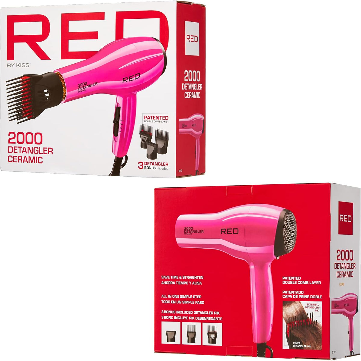 2000 Ceramic Hair Dryer, Professional Salon Blow Dryer, 2 Detangler Pik Attachments, Tourmaline Technology, 3 Heat Settings, Easy Storage Loop (Pink)