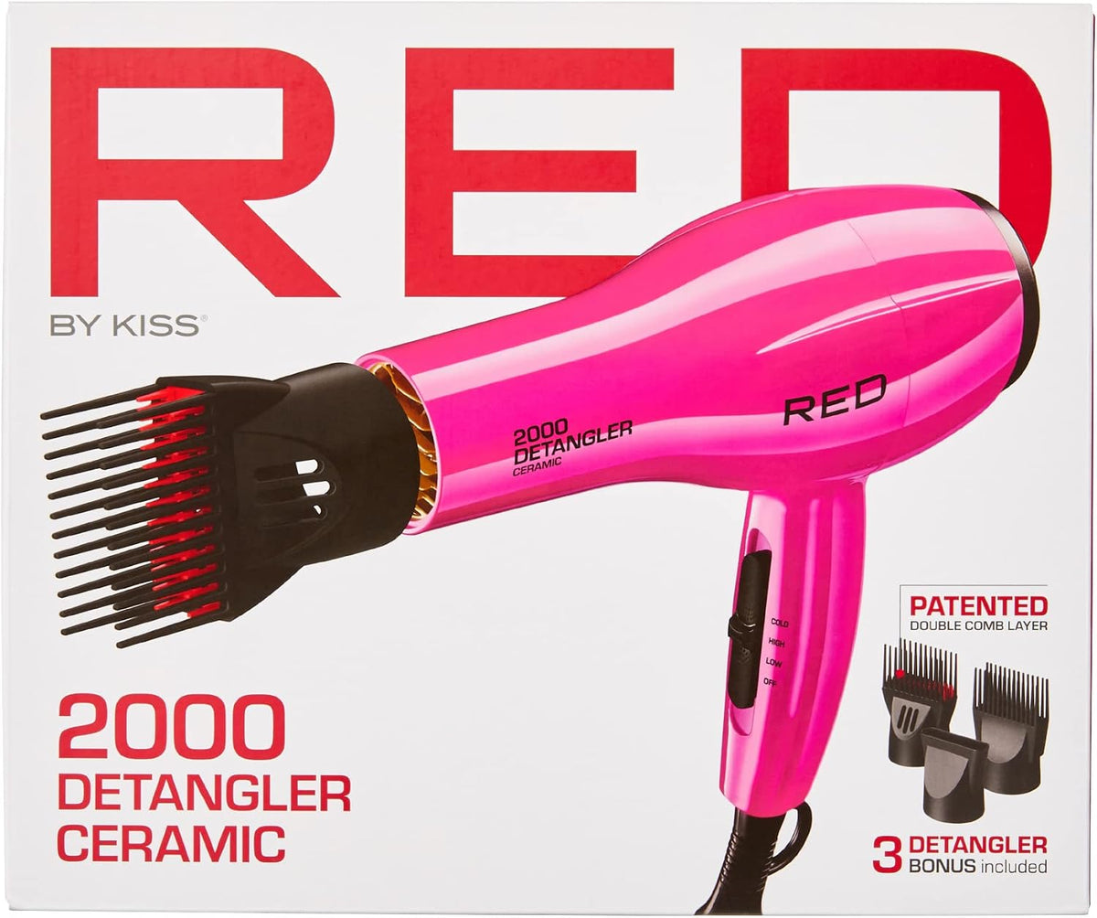 2000 Ceramic Hair Dryer, Professional Salon Blow Dryer, 2 Detangler Pik Attachments, Tourmaline Technology, 3 Heat Settings, Easy Storage Loop (Pink)