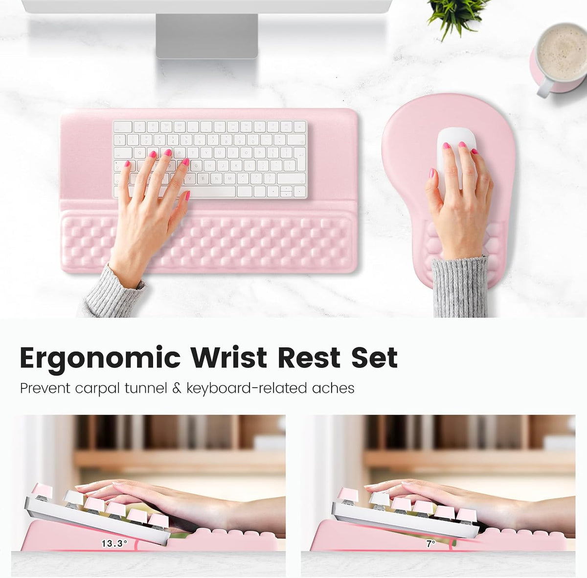 Ospelelf Ergonomic Mouse Pad and Keyboard Stand Wrist Rest Set, Memory Foam Comfort, Pain Relief for Typing, Office Desk Accessories, Pink