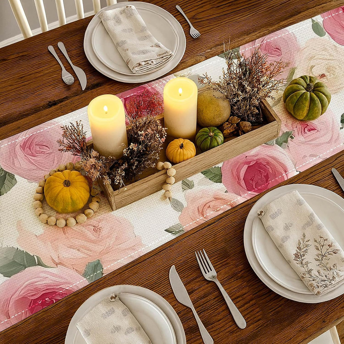 Pink Rose Table Runner Floral Decor 13x72 Inch Burlap