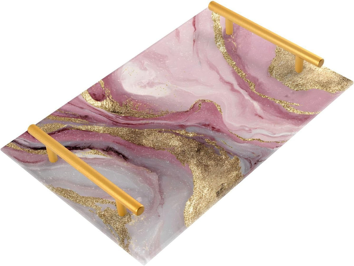 Gold Pink Marble Pattern Print Bathroom Perfume Vanity Tray Acrylic Serving Tray with Handles Decorative Party Platters for Coffee Tea Table Kitchen Countertop