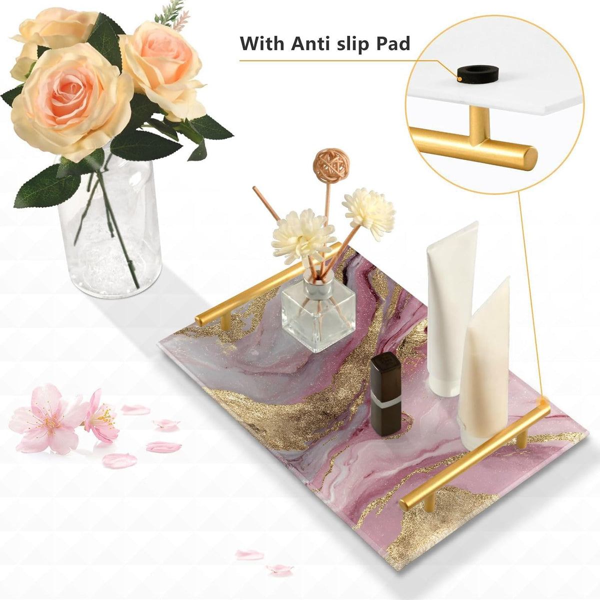 Gold Pink Marble Pattern Print Bathroom Perfume Vanity Tray Acrylic Serving Tray with Handles Decorative Party Platters for Coffee Tea Table Kitchen Countertop