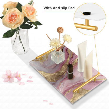 Gold Pink Marble Pattern Print Bathroom Perfume Vanity Tray Acrylic Serving Tray with Handles Decorative Party Platters for Coffee Tea Table Kitchen Countertop