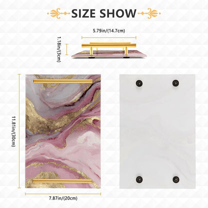 Gold Pink Marble Pattern Print Bathroom Perfume Vanity Tray Acrylic Serving Tray with Handles Decorative Party Platters for Coffee Tea Table Kitchen Countertop