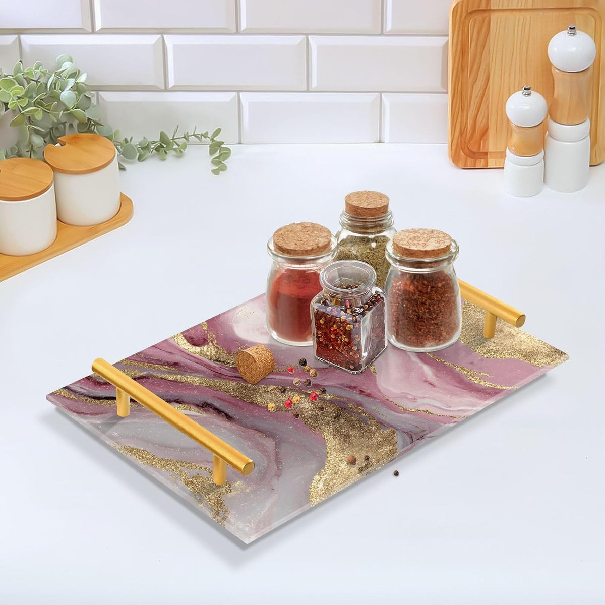 Gold Pink Marble Pattern Print Bathroom Perfume Vanity Tray Acrylic Serving Tray with Handles Decorative Party Platters for Coffee Tea Table Kitchen Countertop