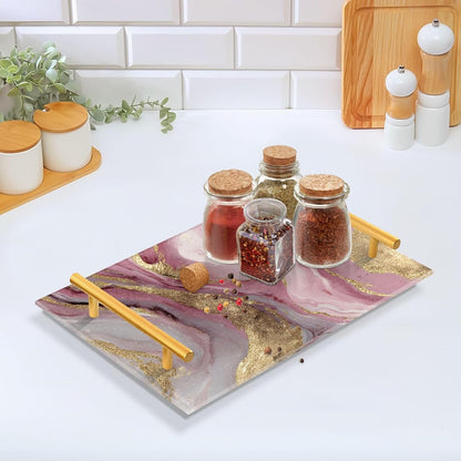 Gold Pink Marble Pattern Print Bathroom Perfume Vanity Tray Acrylic Serving Tray with Handles Decorative Party Platters for Coffee Tea Table Kitchen Countertop