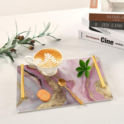 Gold Pink Marble Pattern Print Bathroom Perfume Vanity Tray Acrylic Serving Tray with Handles Decorative Party Platters for Coffee Tea Table Kitchen Countertop