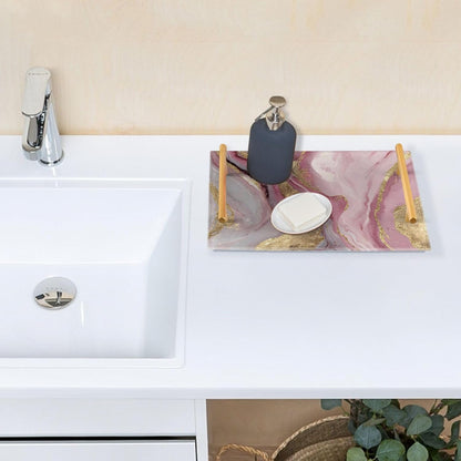 Gold Pink Marble Pattern Print Bathroom Perfume Vanity Tray Acrylic Serving Tray with Handles Decorative Party Platters for Coffee Tea Table Kitchen Countertop