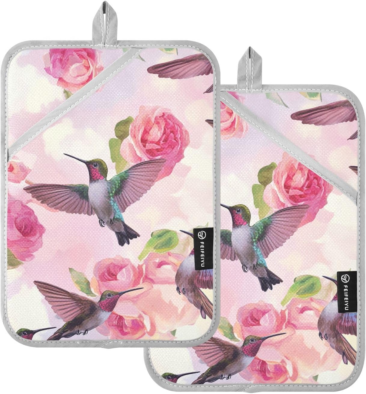 Pot Holder 2 Pack Set Hot Pads Potholders with Pockets Heat Resistant Square Quilted Oven Hot Pads Trivets for Kitchen Cooking Baking Pink Anna Hummingbird and Rose