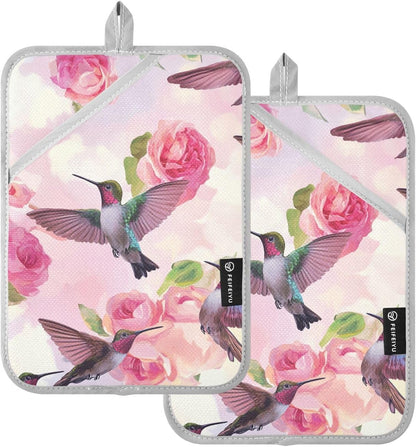Pot Holder 2 Pack Set Hot Pads Potholders with Pockets Heat Resistant Square Quilted Oven Hot Pads Trivets for Kitchen Cooking Baking Pink Anna Hummingbird and Rose
