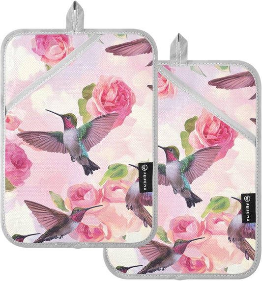 Pot Holder 2 Pack Set Hot Pads Potholders with Pockets Heat Resistant Square Quilted Oven Hot Pads Trivets for Kitchen Cooking Baking Pink Anna Hummingbird and Rose