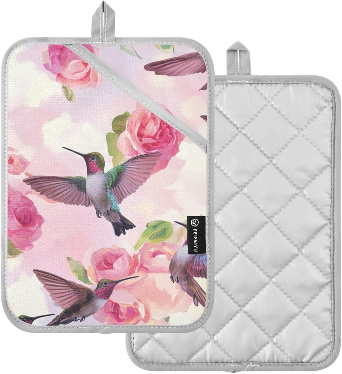 Pot Holder 2 Pack Set Hot Pads Potholders with Pockets Heat Resistant Square Quilted Oven Hot Pads Trivets for Kitchen Cooking Baking Pink Anna Hummingbird and Rose