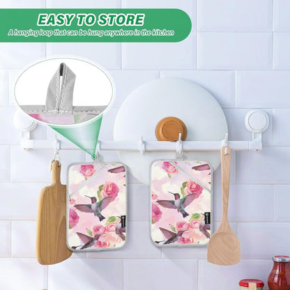 Pot Holder 2 Pack Set Hot Pads Potholders with Pockets Heat Resistant Square Quilted Oven Hot Pads Trivets for Kitchen Cooking Baking Pink Anna Hummingbird and Rose